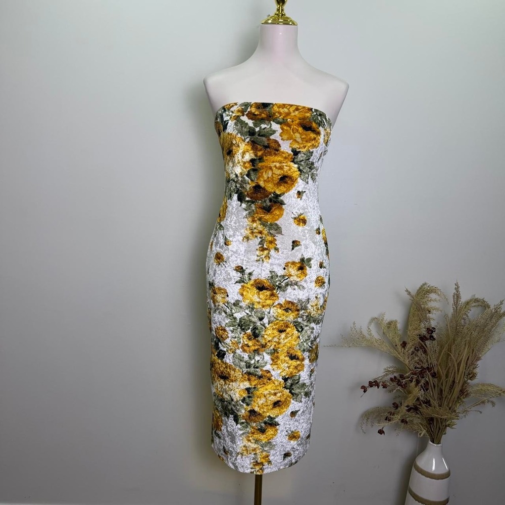 Wearever Floral Crushed Velvet Tube Dress Strapless Bodycon Midi Dress M